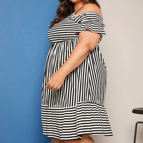 Plus Size 24/26 Shein Black & White Striped Ruffle Cold Shoulder Midi Dress - Picture 3 of 10